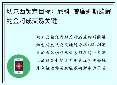 切尔西锁定目标：尼科-威廉姆斯欧解约金将成交易关键