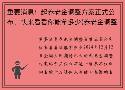 重要消息！起养老金调整方案正式公布，快来看看你能拿多少(养老金调整迎来新模式)