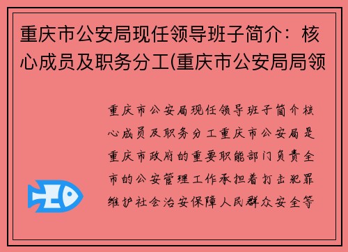 重庆市公安局现任领导班子简介：核心成员及职务分工(重庆市公安局局领导分工)